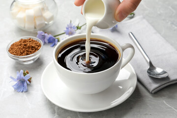 Sticker - Woman pouring milk into cup with delicious chicory drink at light grey marble table, closeup