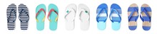 Set With Different Flip Flops On White Background, Top View. Banner Design