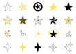Zestaw gwiazdek - kolekcja płaskich ikon. Gwieździsta noc, spadająca gwiazda, fajerwerki, migająca gwiazdka, świecące, błyszczące wektorowe ilustracje. Kontury i żółte akcenty.