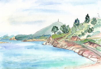 seaside mediterranean landscape with hills watercolor drawing