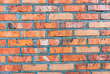 Old Weathered Red Brick Wall For Texture Or Background, Classic Rough Aged Brickwork, Vintage Masonry With Cement Mortar