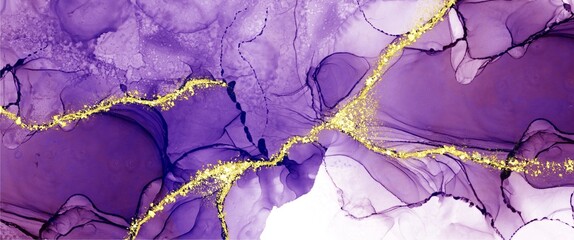 Wall Mural - abstract alcohol ink background, original texture, golden kintsugi paths, strong purple accent, hand