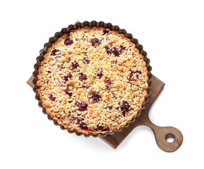 Wall Mural - Baking dish with tasty cherry pie on white background