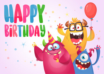 Sticker - Funny cartoon monster characters set card for birthday party. Illustration of happy alien creatures. Package or invitation design