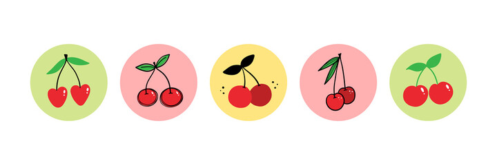 Wall Mural - Set, collection of colorful red cherry round vector icons, stickers for food and nature design.