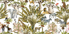 Safari Wildlife Seamless Pattern. Wild Animal In Exotic African Plants Watercolor Illustration. Vintage Jungle Wallpaper With Palm Trees, Leopard, Elephant, Giraffe, Tiger, Lion, Zebra. Botanical Art.