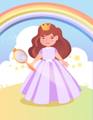 Wall Mural - Princess holding mirror in her hand. Beautiful girl stands with wings on rainbow background. Fairytale characters, sorceress. Greeting Cards, banner for kids. Cartoon flat vector illustration