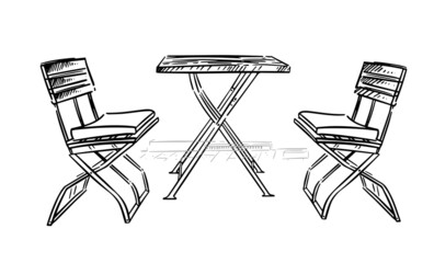 Wall Mural - Furniture set, two chairs and table. Vector hand drawn illustration isolated on white background.