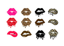 Kissing And Biting Lips With Leopard Print Collection. Melting Lipstick. Isolated Vector Illustration. Trendy Sticker