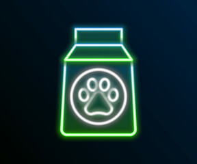 Poster - Glowing neon line Bag of food for dog icon isolated on black background. Dog or cat paw print. Food for animals. Pet food package. Colorful outline concept. Vector