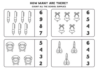 Counting game with cute kawaii school supplies. Black and white math worksheet.