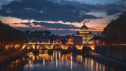 Wall Mural - hyper lapse of St. Peter's Basilica, Sant Angelo Bridge, Vatican, Rome, Italy