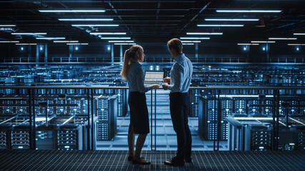 Leinwandbilder - Data Center Male It Specialist and Female System administrator Talk, Use Laptop. Server Farm Cloud Computing Facility with Two Information Technology Professionals working on Cyber Secury.