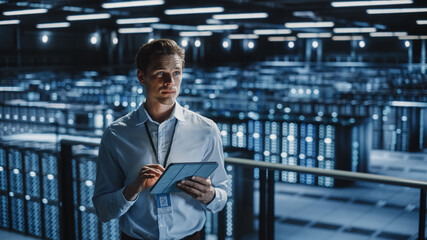 Fototapete - Portrait of Smiling IT Specialist Using Tablet Computer in Data Center. Big Server Farm Cloud Computing Facility with Male Maintenance Administrator Working. Cyber Security, e-Business.
