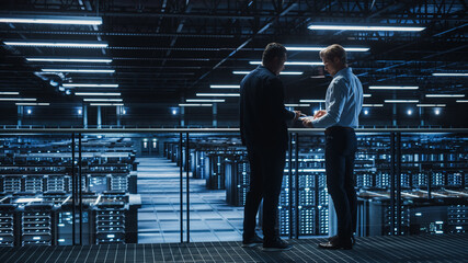 Poster - Data Center IT Specialist and e-Business Enrepreneur Talk, Use Laptop. Two Information Technology Professionals Walking on Bridge Overlooking Cloud Computing Server Farm.