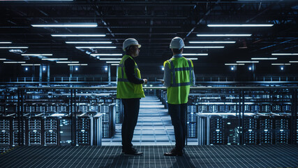 Leinwandbilder - Data Center IT Specialist and System administrator Talk, Use Tablet Computer, Wearing Safety West. Server Cloud Farm Facility with Two Information Technology Engineers checking Cyber Security.