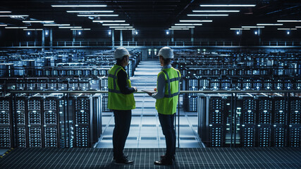 Leinwandbilder - Data Center IT Specialist and System administrator Talk, Use Tablet Computer, Wearing Safety West. Server Cloud Farm Facility with Two Information Technology Engineers checking Cyber Security.