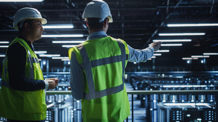 Poster - Data Center IT Specialist and System administrator Talk, Use Tablet Computer, Wearing Safety Wests. Server Clod Farm with Two Information Technology Engineers checking Cyber Security.