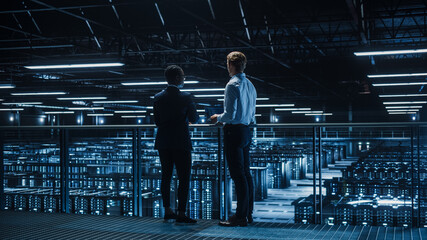 Poster - Data Center Male IT Specialist and Female e-Business Enrepreneur Talk, Use Laptop. Two Information Technology Professionals on Bridge Overlooking Big Cloud Computing Server Farm.