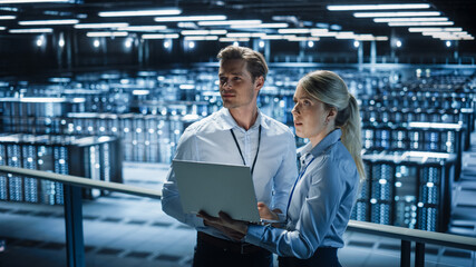 Poster - Data Center Female e-Business Enrepreneur and Male IT Specialist talk, Use Laptop. Two Information Technology Professionals on Bridge Overlooking Big Cloud Computing Server Farm.