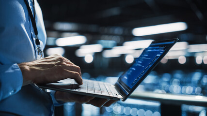 Leinwandbilder - Data Center Programmer Using Digital Laptop Computer, Maintenance IT Specialist. Cloud Computing Server Farm System Administrator Working on Cyber Security for Iaas, saas, paas. Closeup Focus on Hands