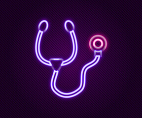 Sticker - Glowing neon line Stethoscope medical instrument icon isolated on black background. Colorful outline concept. Vector