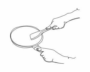 Wall Mural - Continuous one line drawing of hands cooking food icon in silhouette on a white background. Linear stylized.