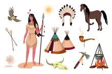 Wild West Design Elements Set. Collection Of Indian Woman In Traditional Dress, Buffalo Skull, Tomahawk, Pipe, Wigwam, Feather Headdress. Vector Illustration Isolated Objects In Flat Cartoon Style