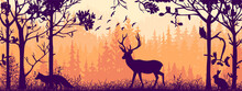 Horizontal Banner. Silhouette Of Deer, Fox, Hare Standing On Meadow In Forrest. Silhouette Of Animals, Trees, Grass. Magical Misty Landscape, Fog. Orange, Black And Brown Illustration. Bookmark.