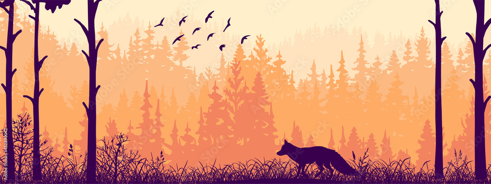 Horizontal banner. Silhouette of fox standing on meadow in forrest. Silhouette of animal, trees, grass. Magical misty landscape, fog. Pink and orange illustration. Bookmark. - obrazy, fototapety, plakaty 