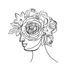 Ancient Greek goddess statue in a continuous line and flowers. Vector illustration. Roman style elements. Beauty concept