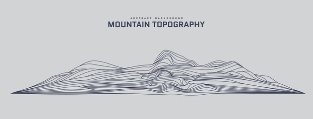 Mountain topography abstract background. 3d futuristic wireframe landscape in line art stile. Silhouette of structure of rock and hill. Contour elevation map template. Vector card illustration