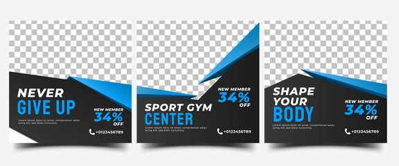 Wall Mural - Gym, fitness, and sports social media post template design. Set of Modern square banner design with abstract blue shape. Usable for social media, banner, and website.