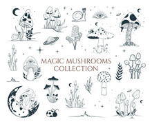 Big Mystical Collection With Magic Mushrooms, Floral Elements. Celestial Fungi Set. Witchy Tattoo And Occult Clipart With Moon And Stars.