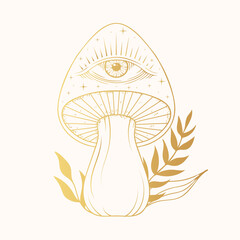 Wall Mural - Golden Witchy mystical mushroom. Gold boho fungi with stars and floral elements.