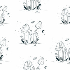 Wall Mural - Celestial Mushroom seamless pattern. Hand drawn texture with mystical moon, fungi and stars.