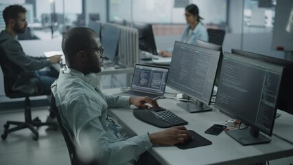 Authentic Office: Professional Black IT Programmer Working on Desktop Computer. Male Website Developer and Software Engineer Developing App, Video Game. Terminal with Coding Programming Language