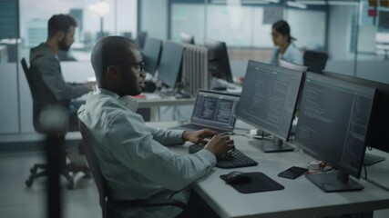 Authentic Office: Enthusiastic Black IT Programmer Starts Working on Desktop Computer. Male Website Developer, Software Engineer Developing App, Video Game. Terminal with Coding Programming Language