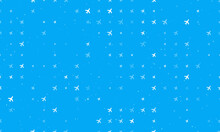 Seamless Background Pattern Of Evenly Spaced White Plane Symbols Of Different Sizes And Opacity. Vector Illustration On Light Blue Background With Stars