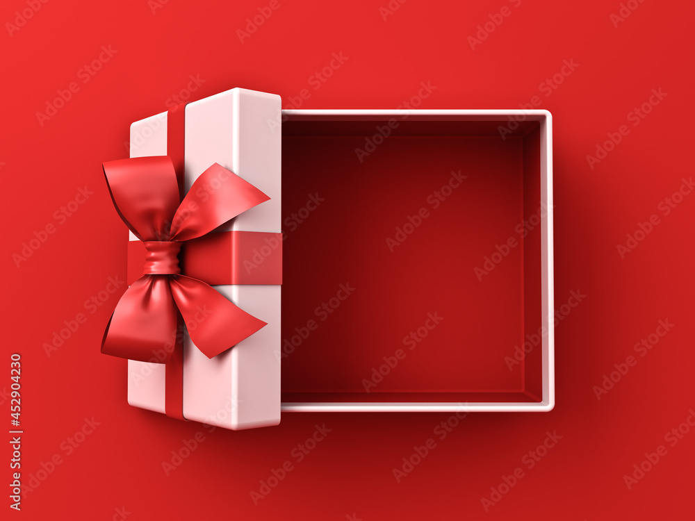 Blank white gift box open or top view of present box tied with red ...