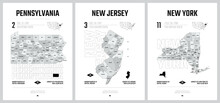 Highly Detailed Vector Silhouettes Of US State Maps, Division United States Into Counties, Political And Geographic Subdivisions Of A States, Pennsylvania, New Jersey, New York - Set 3 Of 17