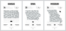 Highly Detailed Vector Silhouettes Of US State Maps, Division United States Into Counties, Political And Geographic Subdivisions Of A States, West North Central - Kansas, Iowa, Missouri - Set 6 Of 17