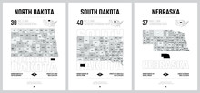Highly Detailed Vector Silhouettes Of US State Maps, Division United States Into Counties, Political And Geographic Subdivisions - North Dakota, South Dakota, Nebraska - Set 7 Of 17