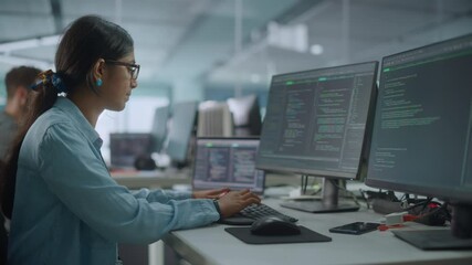Poster - Diverse Office: Indian IT Programmer Working on Desktop Computer. Female Specialist Creating Innovative Software. Engineer Developing App, Program, Video Game. Writing Code in Terminal. Arc Shot