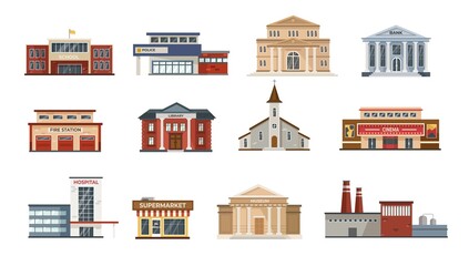 Wall Mural - Exterior of city buildings flat vector illustrations set. Modern facades of town hall, museum, fire and police station, hospital, school isolated on white background. Government, architecture concept