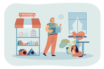 Wall Mural - Young cartoon girl working in small petshop. Supermarket or store with toys, cages and food for domestic animals, cat and dog sitting inside, shop interior flat vector illustration. Pets, care concept