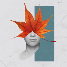 Minimalism, Contemporary Art Collage. Inspiration, Idea, Trendy Urban Magazine Style. Black And White Portrait Of Woman With Autumn Leaf Instead Of Face. Autumn Mood Concept