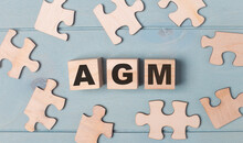 Blank Puzzles And Wooden Cubes With The Text AGM Annual General Meeting Lie On A Light Blue Background.