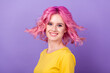 © deagreez - Photo of young cheerful girl happy positive smile fly air haircare treatment isolated over purple color background