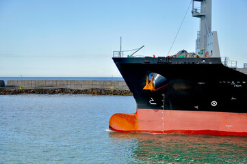 The prow of a container ship leaving the port of Mar del Plata, Argentina